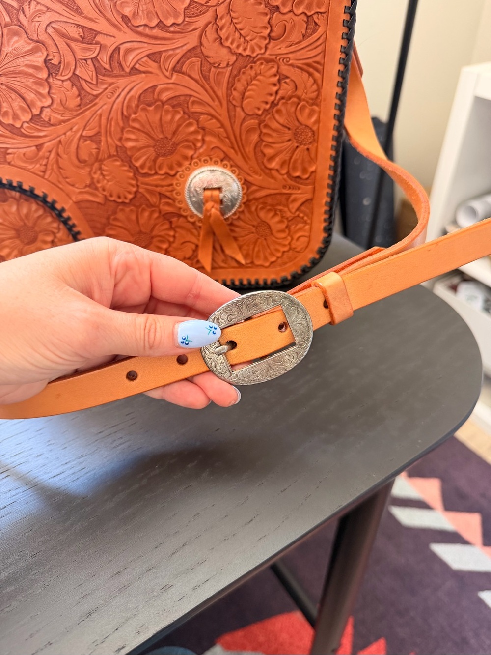 Nic + Maude Hand-Tooled Floral Tan Leather Crossbody Bag with Concho Accent - Picture 2 of 7